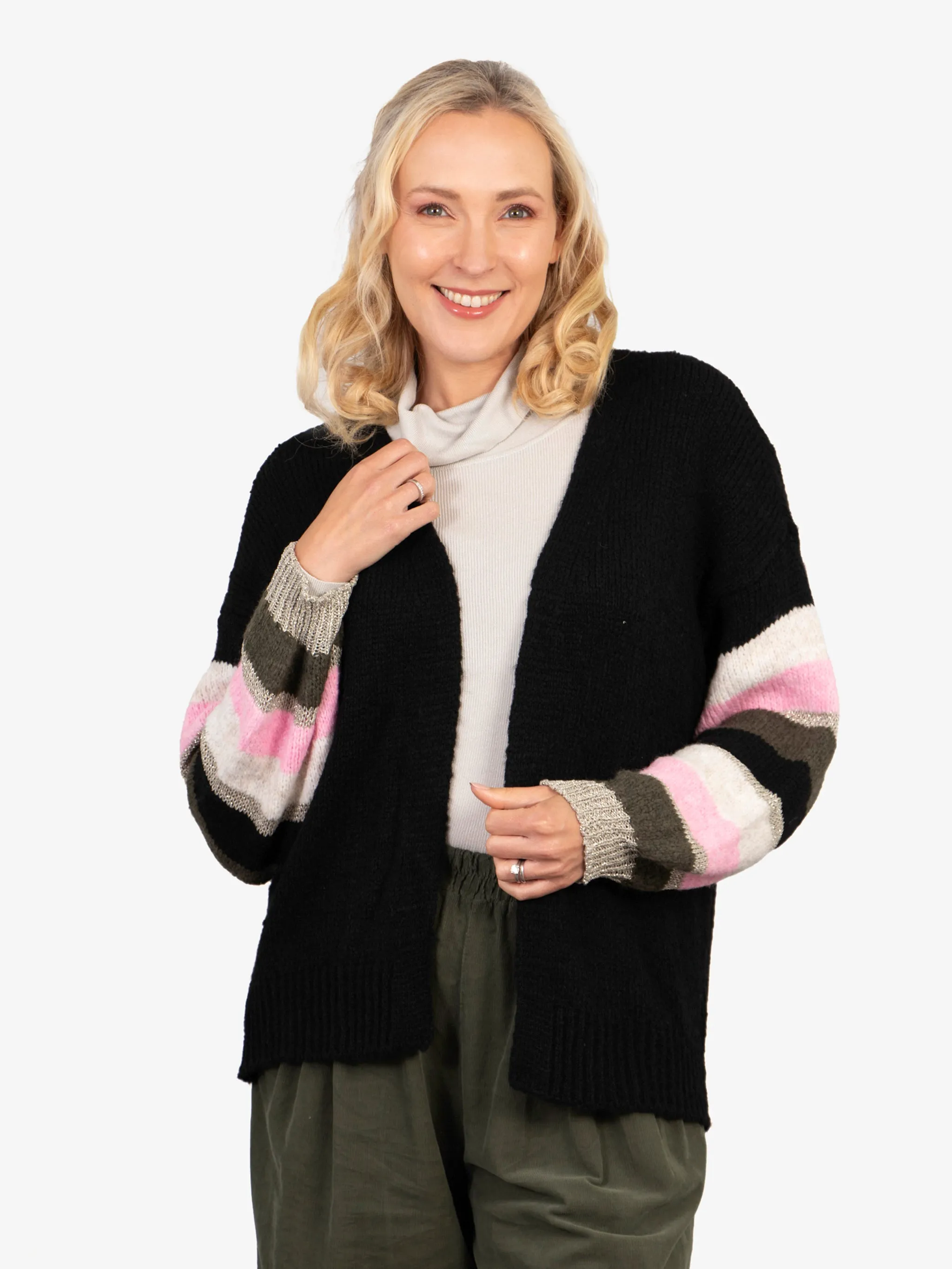 April Balloon Sleeve Cardigan - Black/Khaki, Colourblock