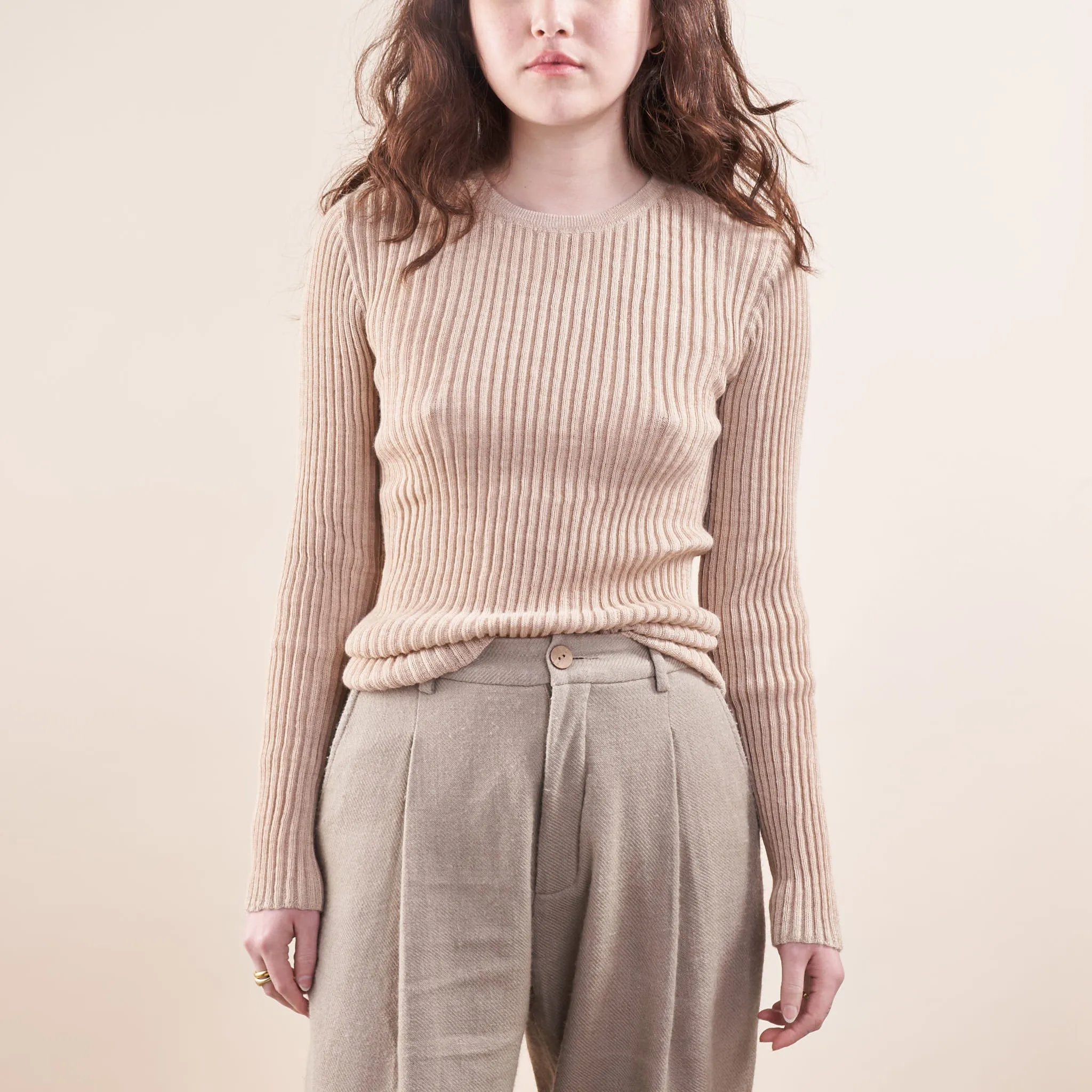 Baby Alpaca Layering Ribbed Crewneck, Undyed Almond