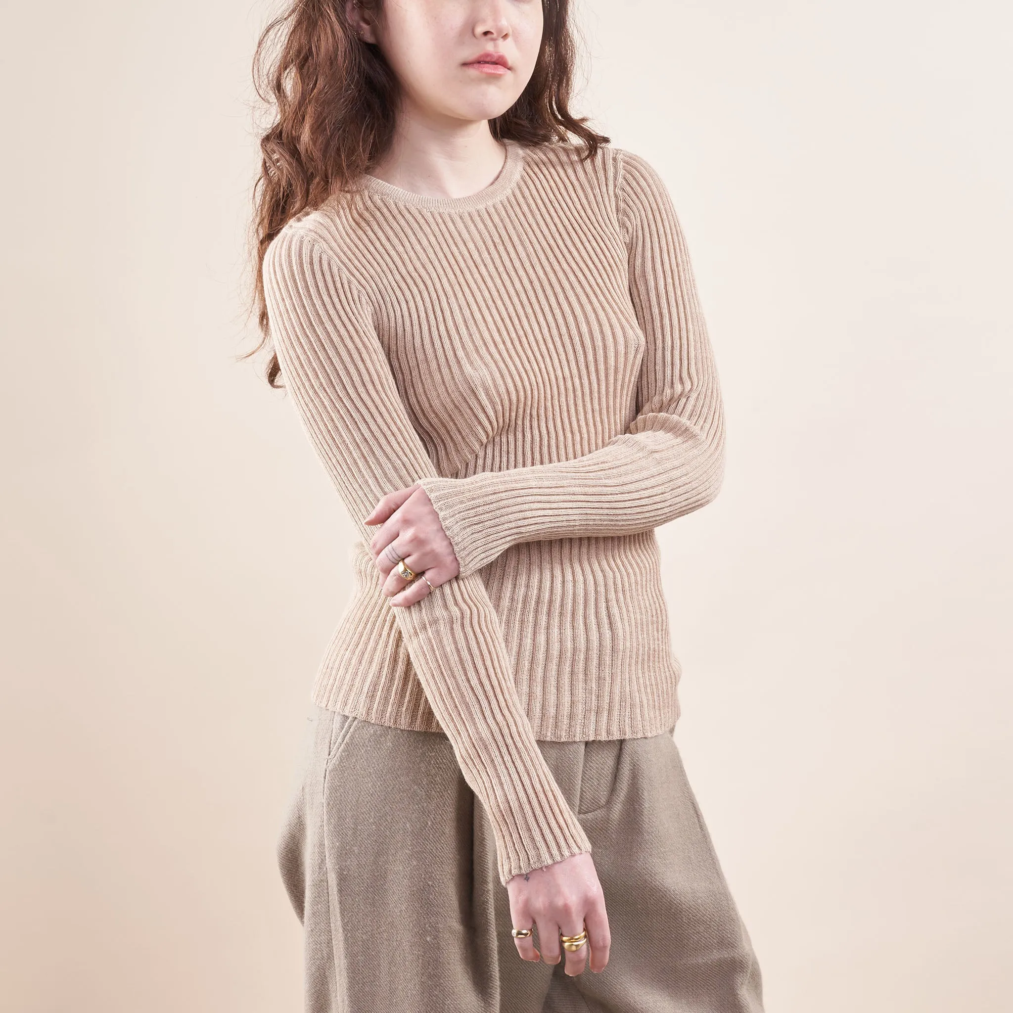 Baby Alpaca Layering Ribbed Crewneck, Undyed Almond