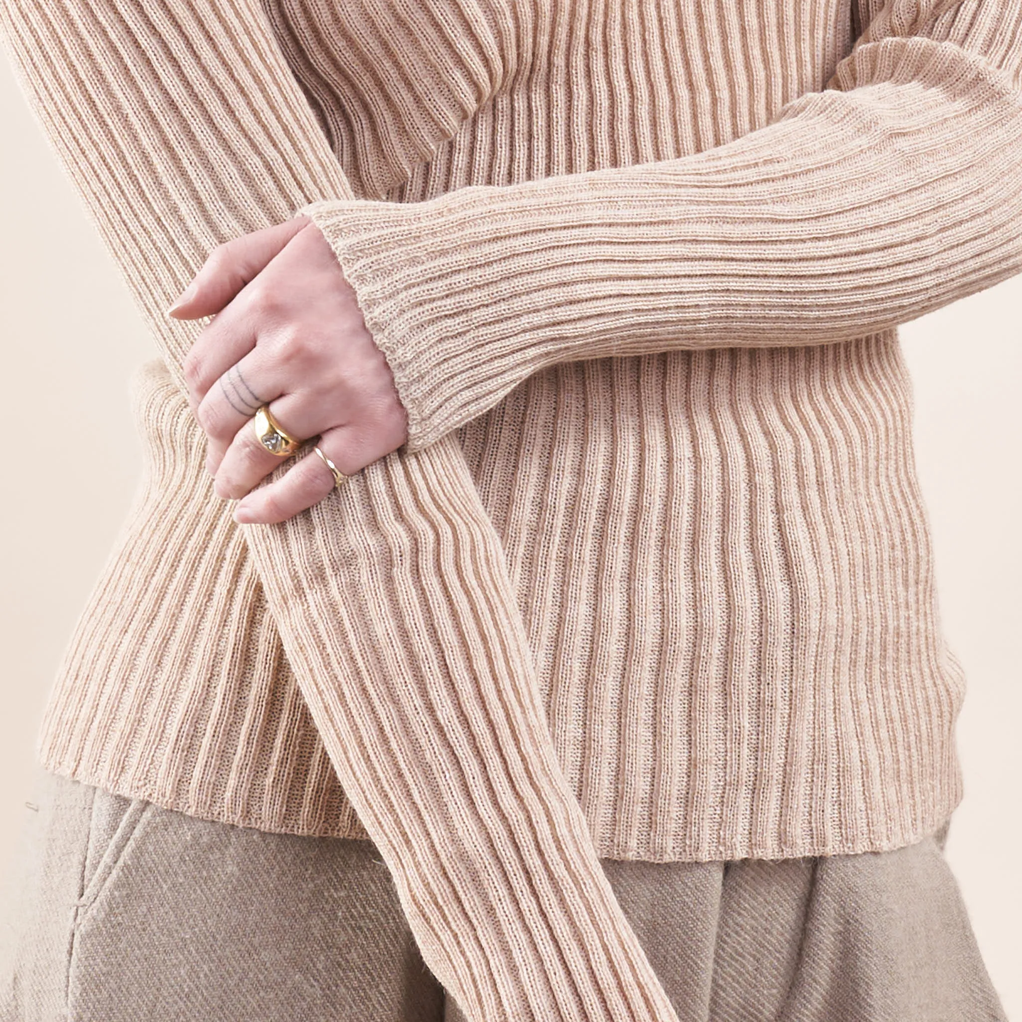 Baby Alpaca Layering Ribbed Crewneck, Undyed Almond