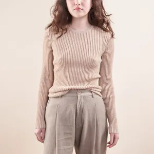Baby Alpaca Layering Ribbed Crewneck, Undyed Almond
