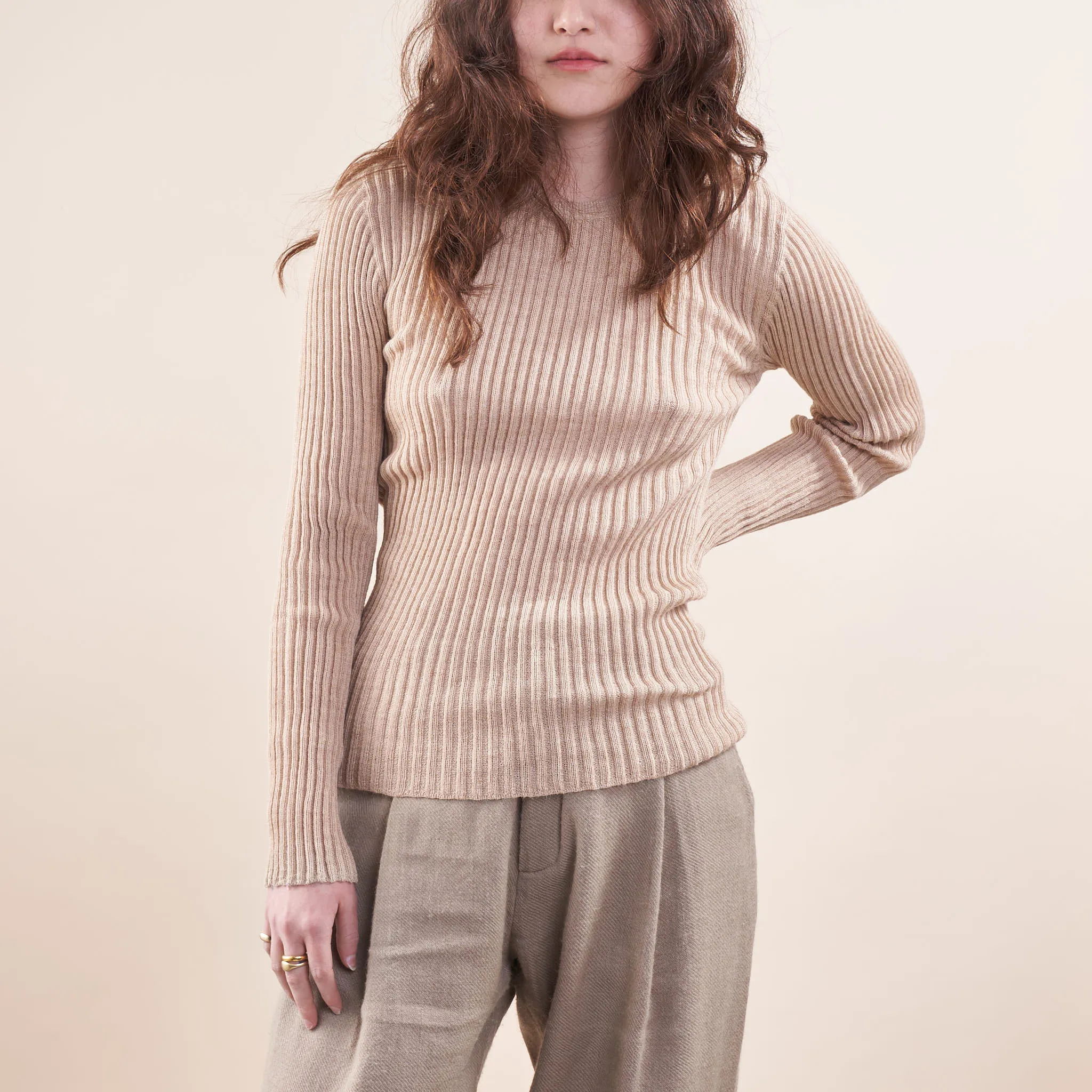 Baby Alpaca Layering Ribbed Crewneck, Undyed Almond