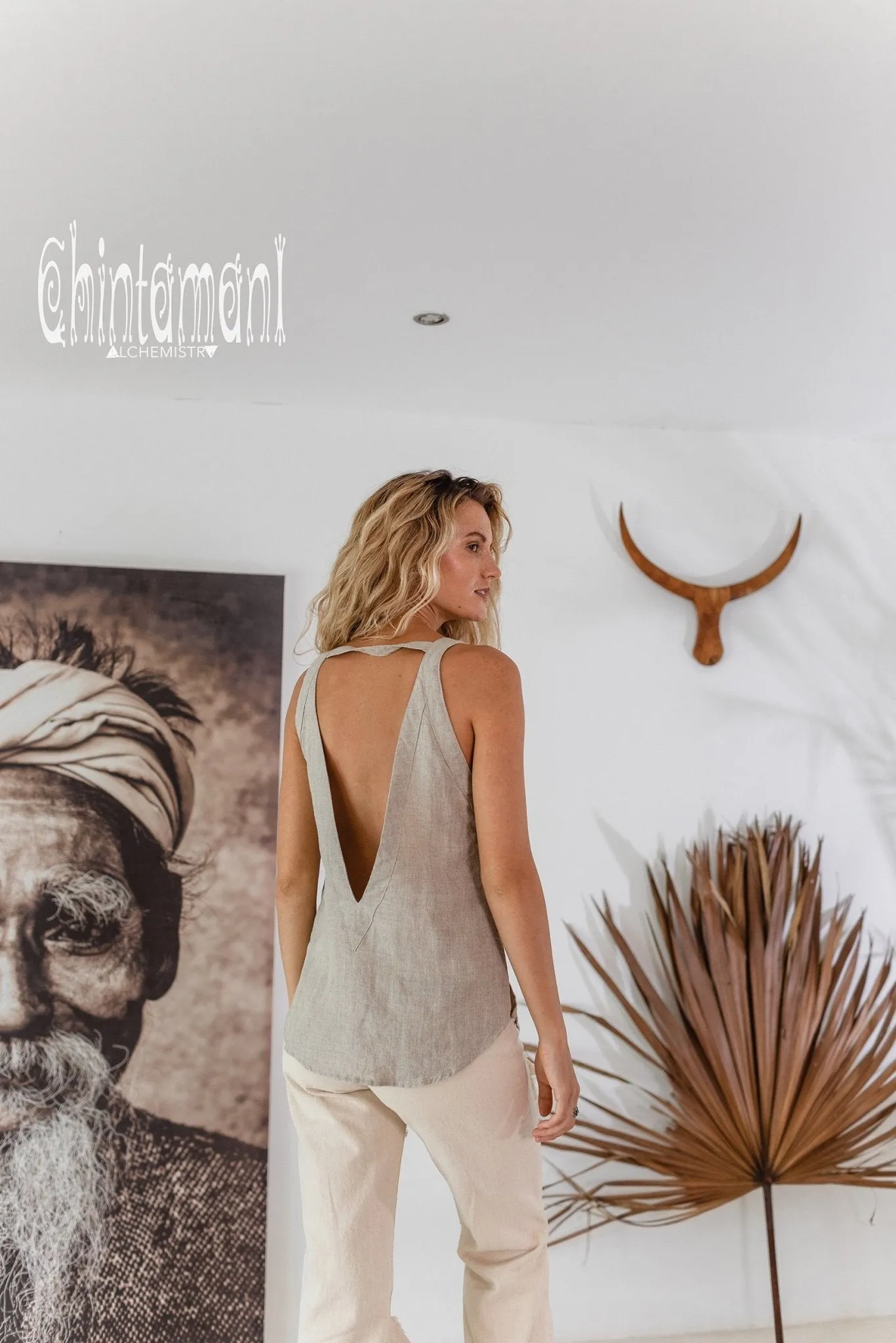 Backless Linen Boho Top with Fringes / Natural Gray