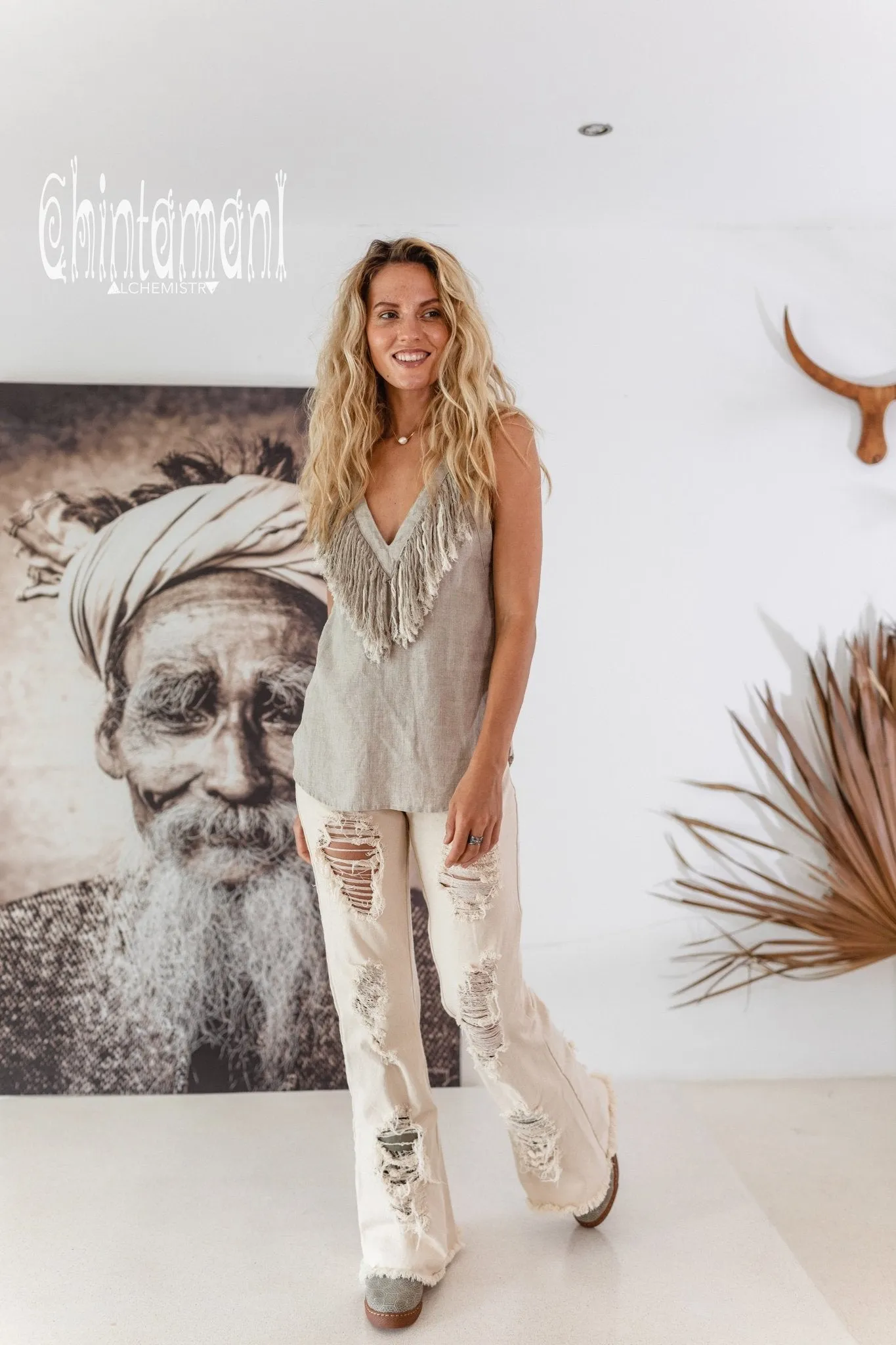 Backless Linen Boho Top with Fringes / Natural Gray