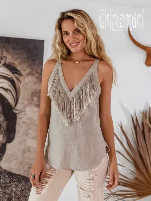 Backless Linen Boho Top with Fringes / Natural Gray