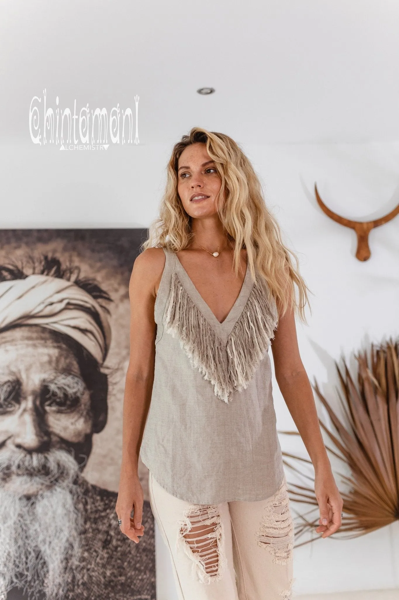 Backless Linen Boho Top with Fringes / Natural Gray
