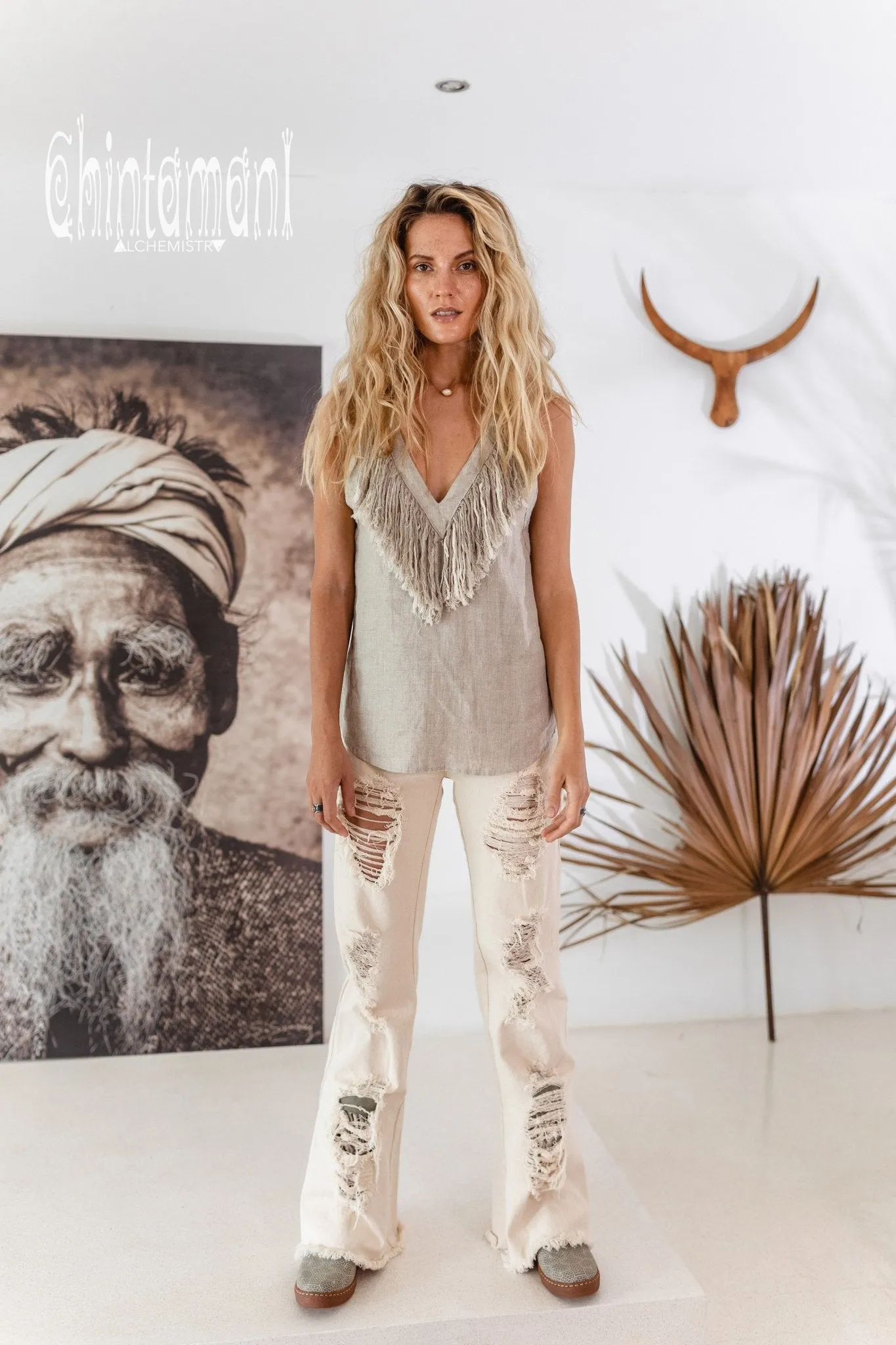Backless Linen Boho Top with Fringes / Natural Gray
