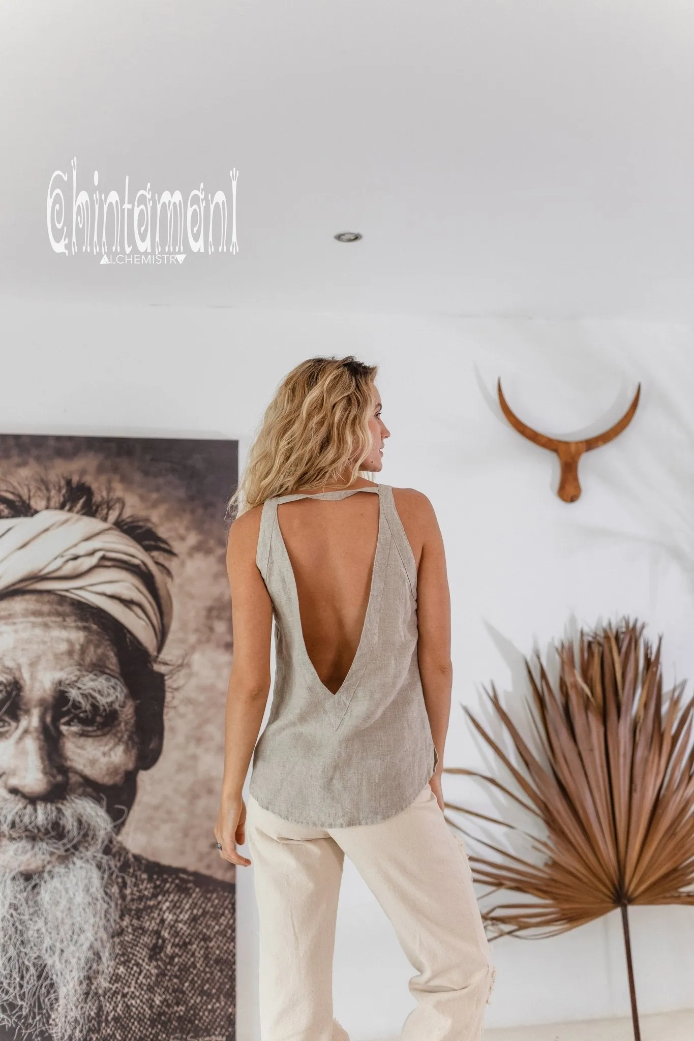Backless Linen Boho Top with Fringes / Natural Gray