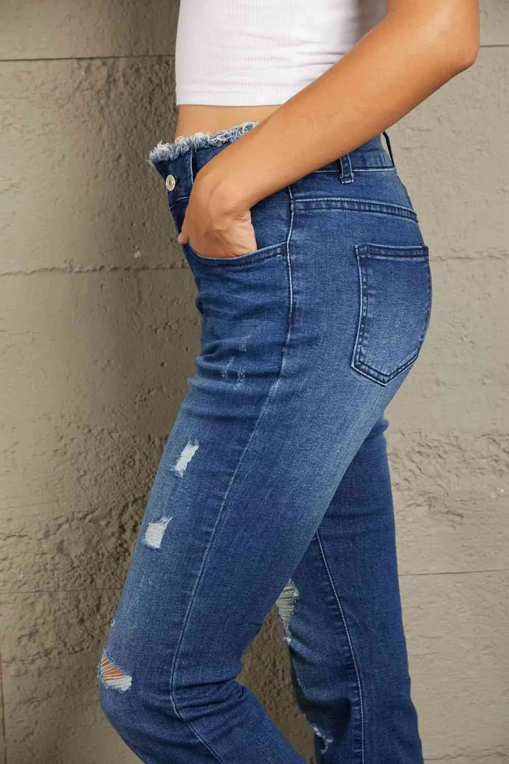 Baeful High Waist Distressed Raw Hem Jeans