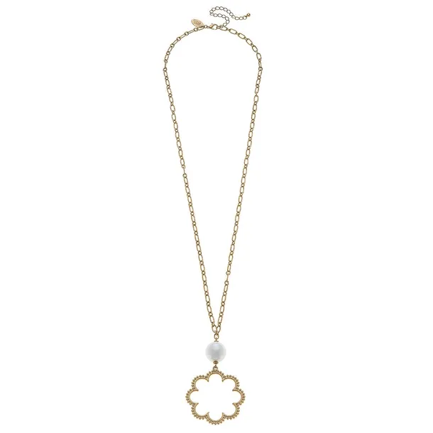 Belle Studded Flower and Pearl Necklace in Worn Gold