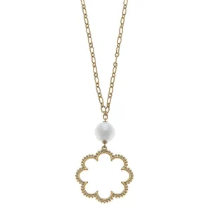 Belle Studded Flower and Pearl Necklace in Worn Gold
