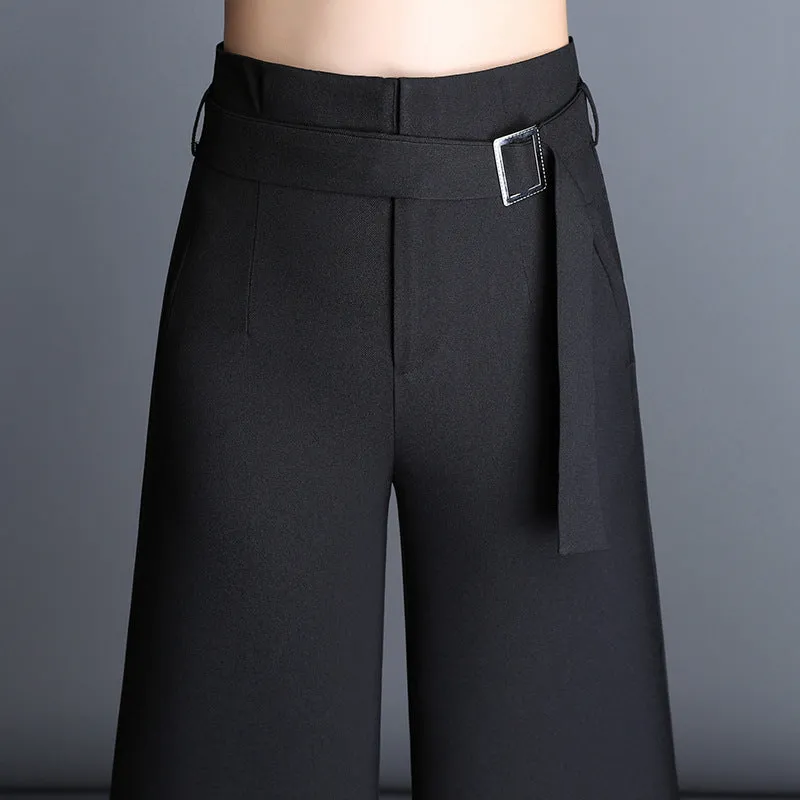 Belt High Waist Solid Color Loose Long OL Bell-bottomed Pants
