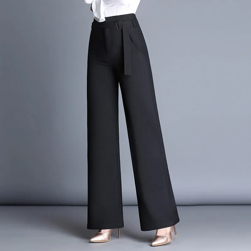 Belt High Waist Solid Color Loose Long OL Bell-bottomed Pants