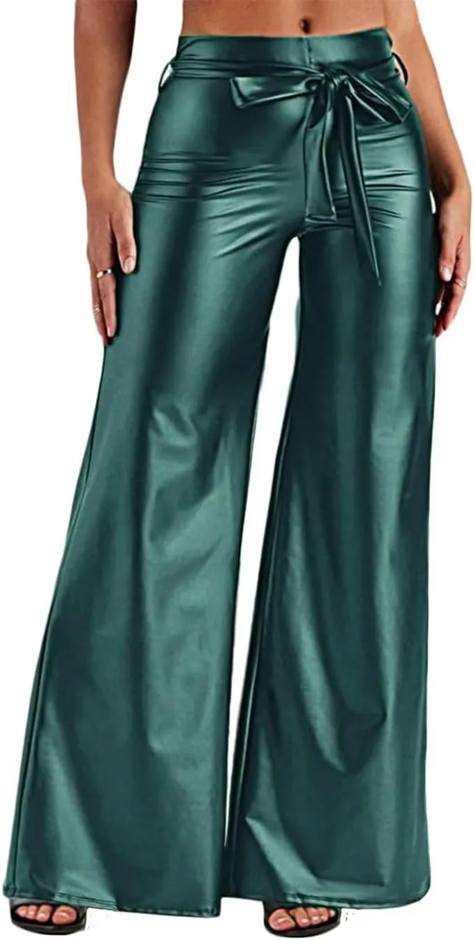 Belted Black Drawstring Faux Leather High Waist Pants