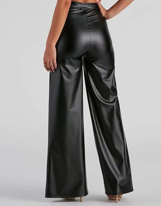 Belted Black Drawstring Faux Leather High Waist Pants
