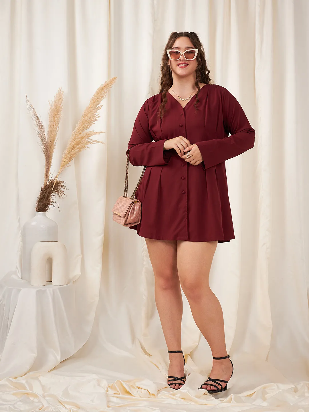Berrylush Women Plus Size Solid Maroon V-Neck Front Button-Up Curve Hem Flared Mini Shirt Dress