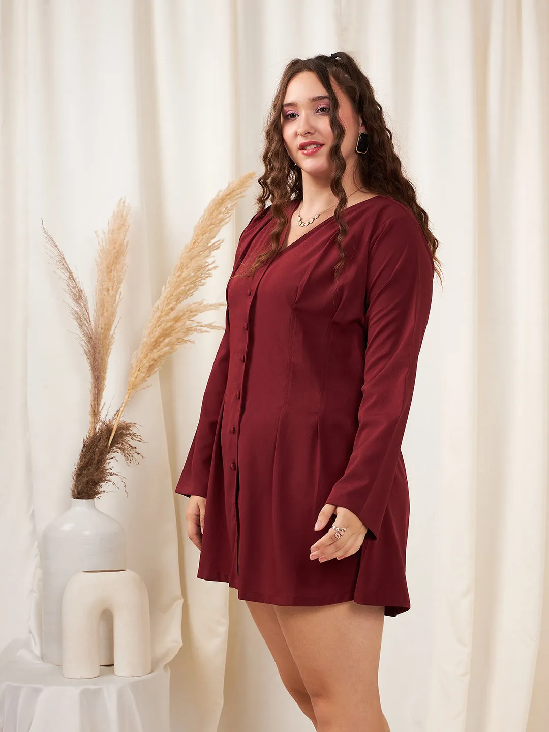 Berrylush Women Plus Size Solid Maroon V-Neck Front Button-Up Curve Hem Flared Mini Shirt Dress
