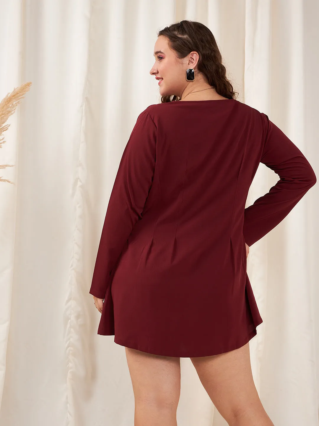 Berrylush Women Plus Size Solid Maroon V-Neck Front Button-Up Curve Hem Flared Mini Shirt Dress