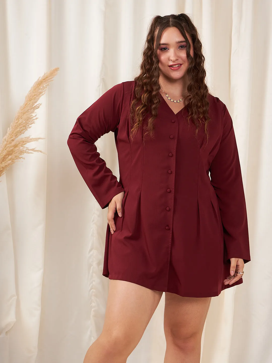 Berrylush Women Plus Size Solid Maroon V-Neck Front Button-Up Curve Hem Flared Mini Shirt Dress