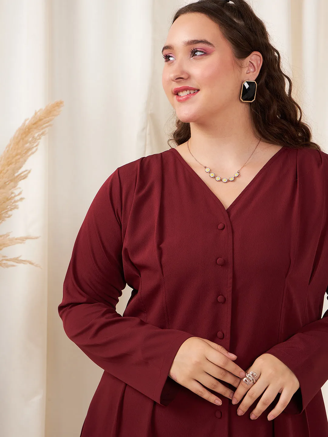 Berrylush Women Plus Size Solid Maroon V-Neck Front Button-Up Curve Hem Flared Mini Shirt Dress