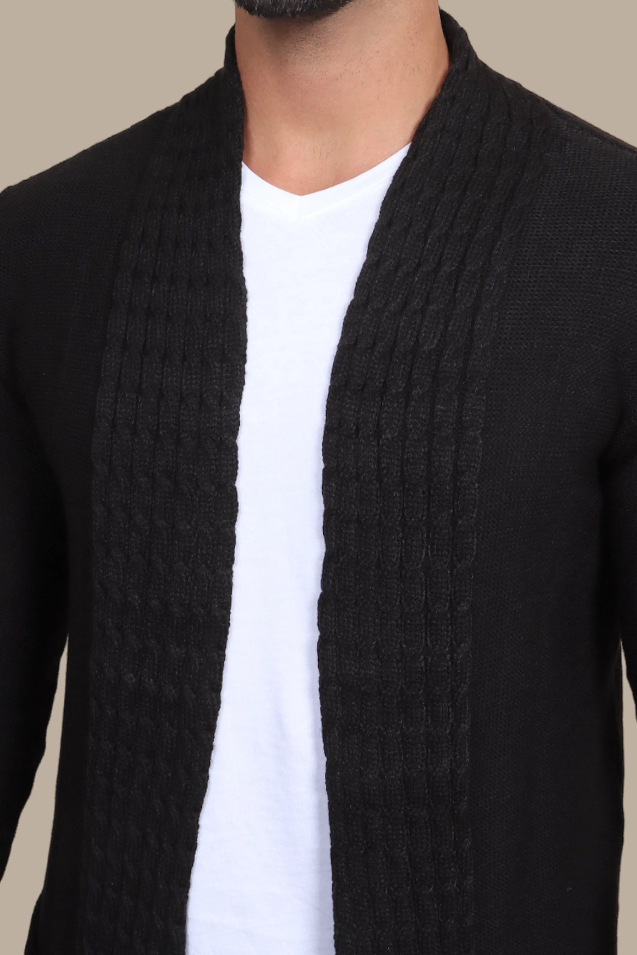 Black Braided Collar Long Cardigan Jacket