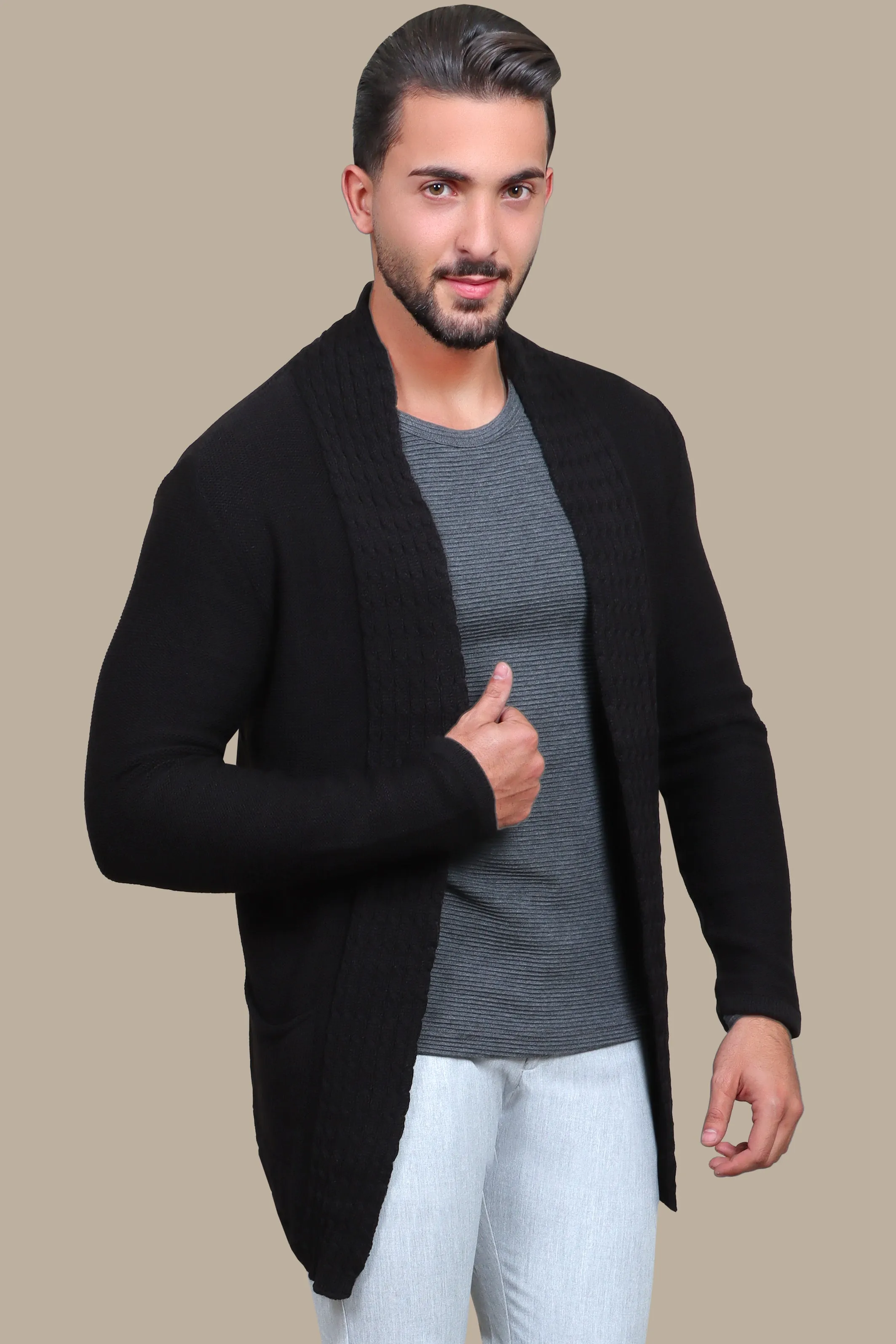 Black Braided Collar Long Cardigan Jacket