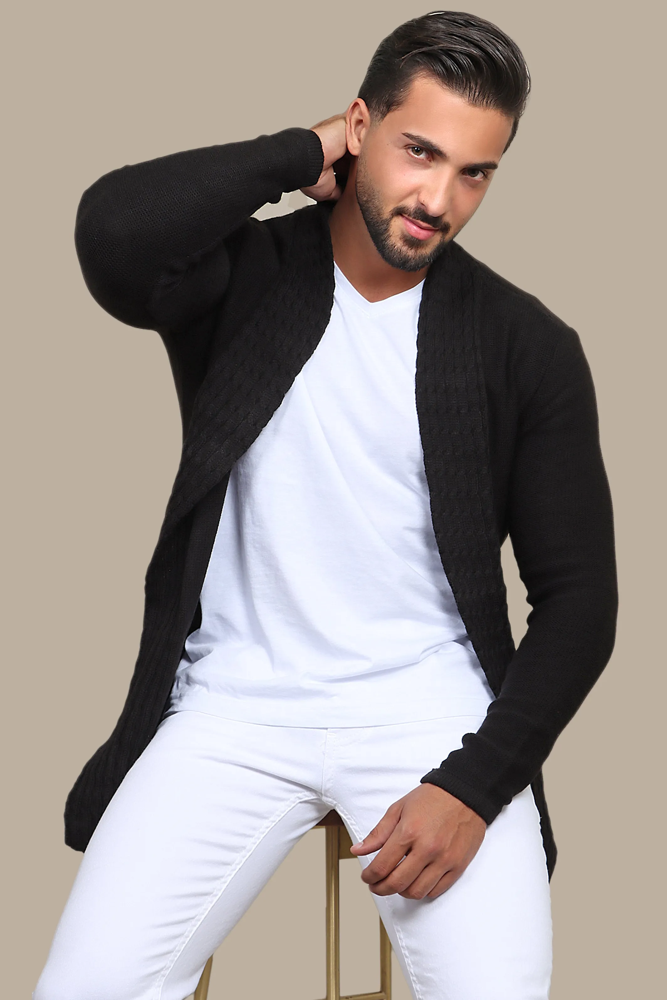 Black Braided Collar Long Cardigan Jacket