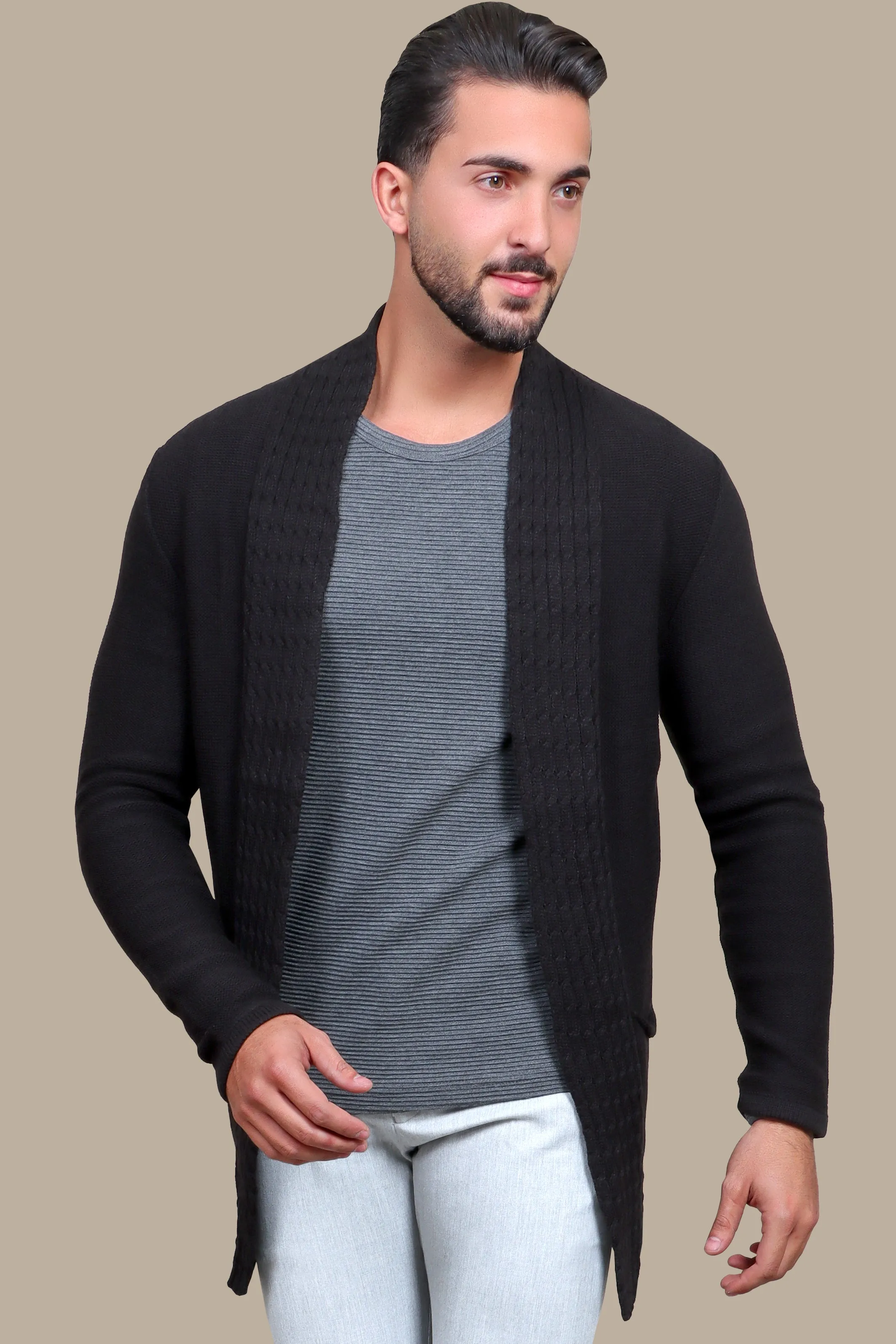 Black Braided Collar Long Cardigan Jacket
