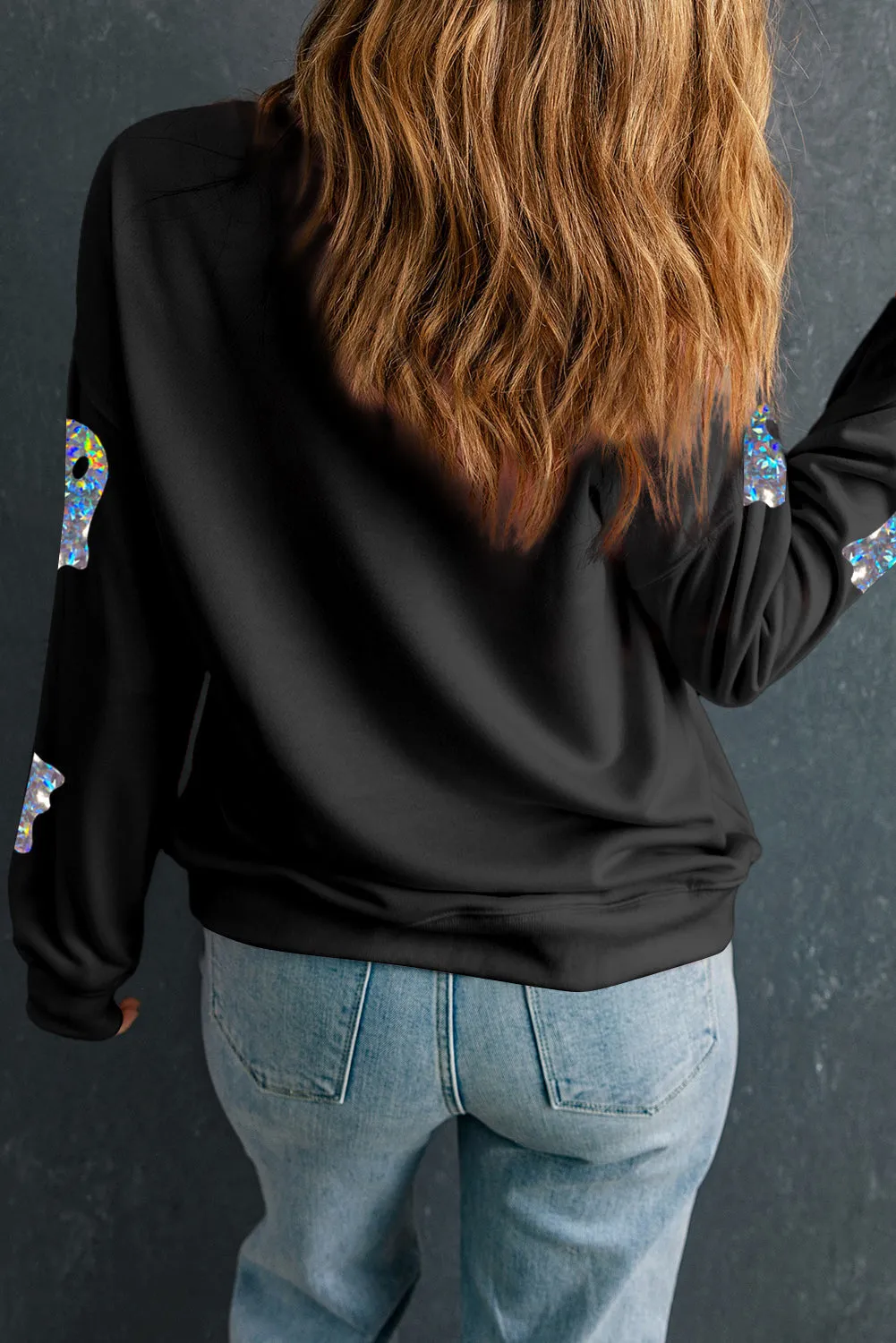 Black Glitter Ghosts Pattern Long Sleeve Halloween Sweatshirt