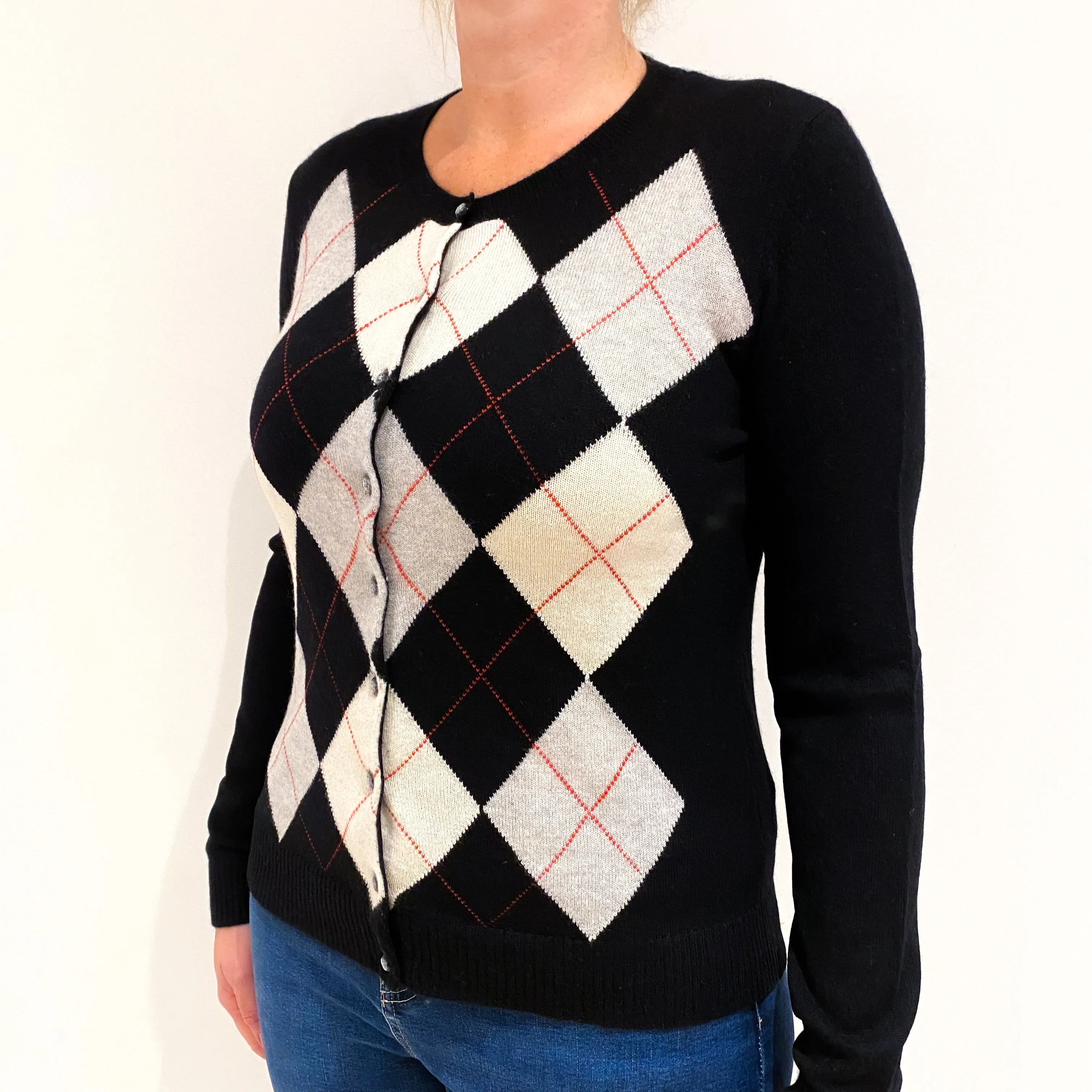 Black Grey Argyle Cashmere Crew Neck Cardigan Large