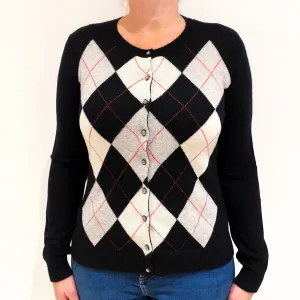 Black Grey Argyle Cashmere Crew Neck Cardigan Large