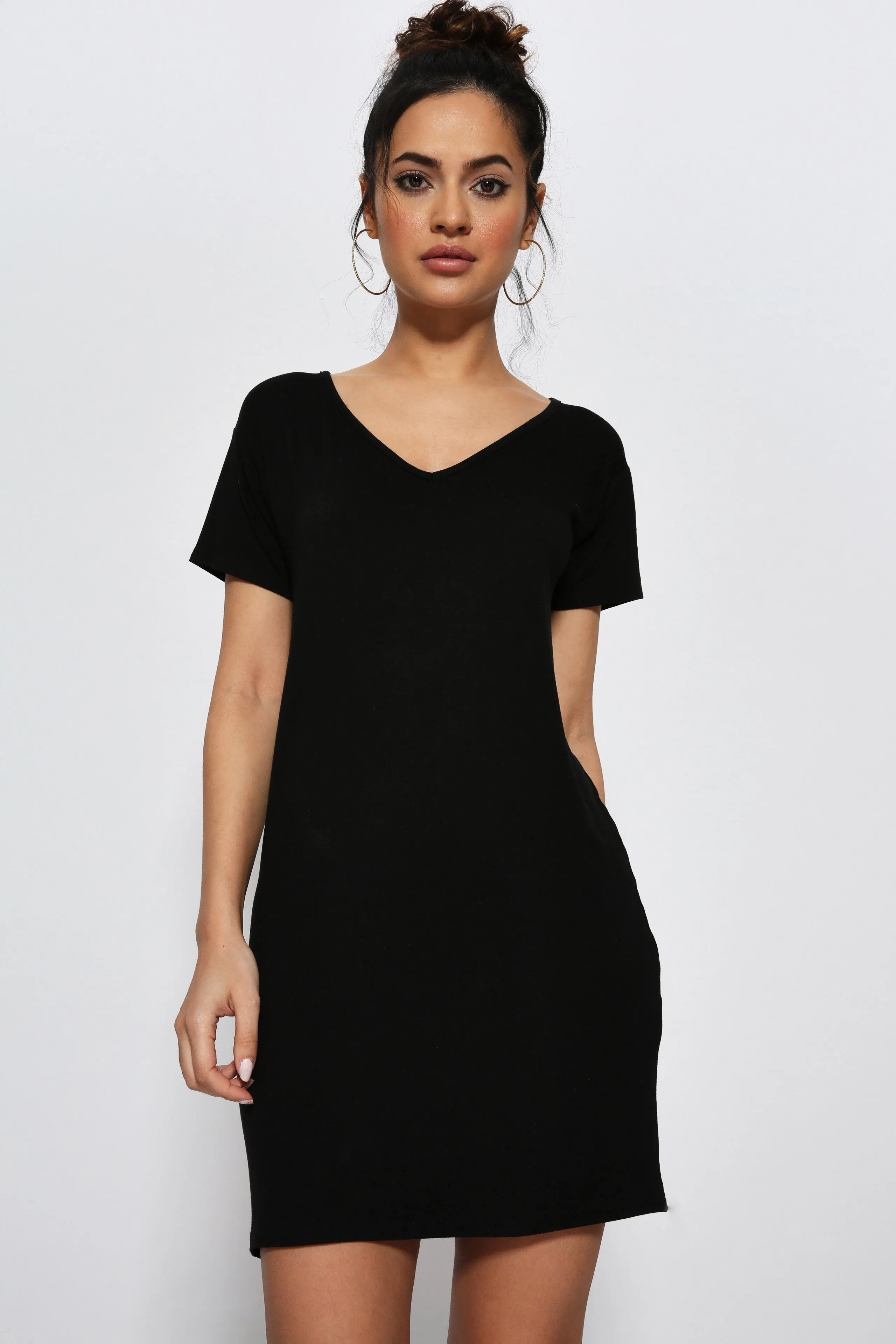 Black Jersey V Neck T-Shirt Dress