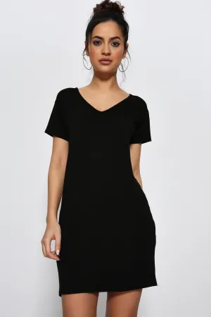Black Jersey V Neck T-Shirt Dress