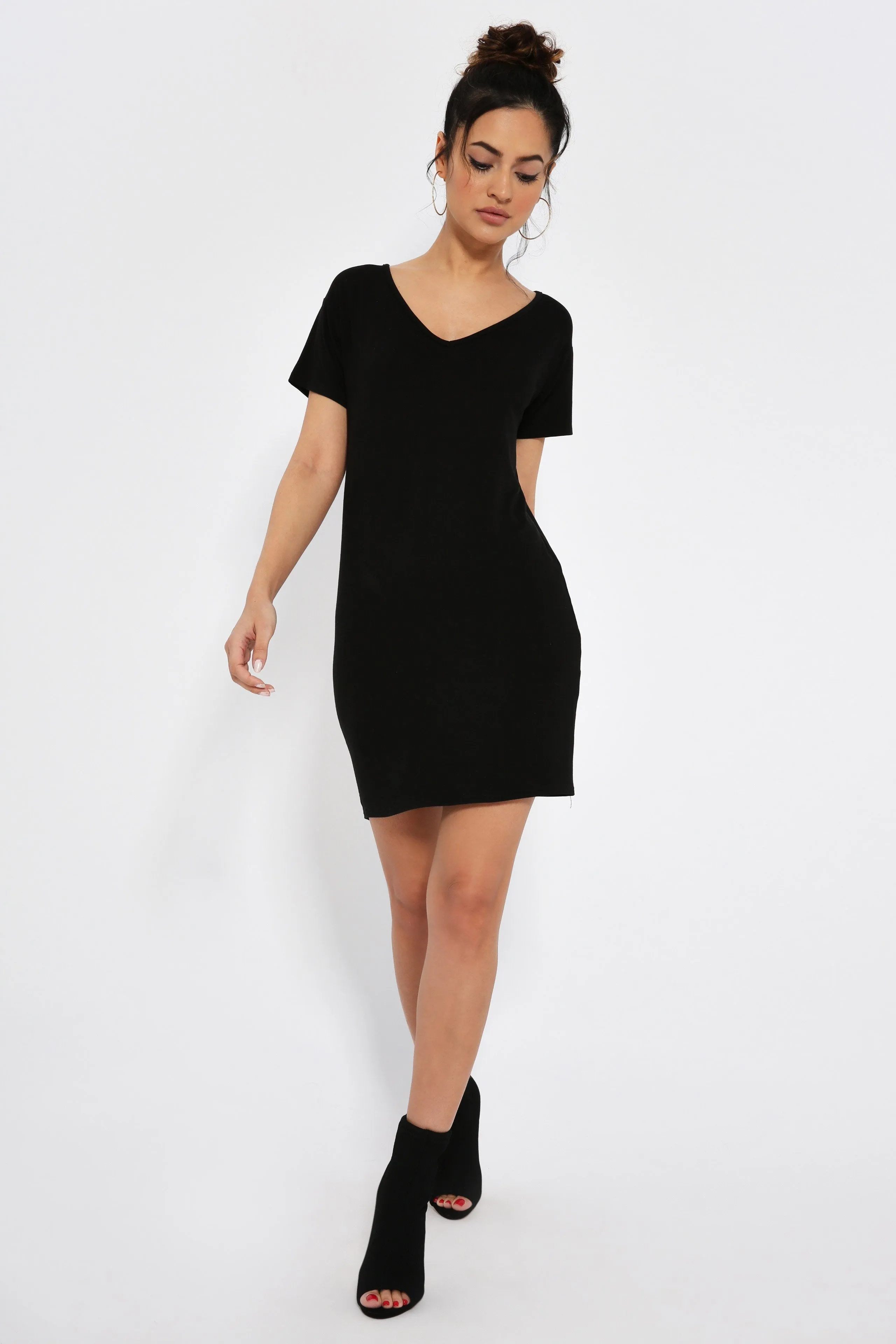 Black Jersey V Neck T-Shirt Dress