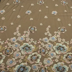 Black Tulle with Pink and Light Blue Floral Design Embroidered Beads Fabric