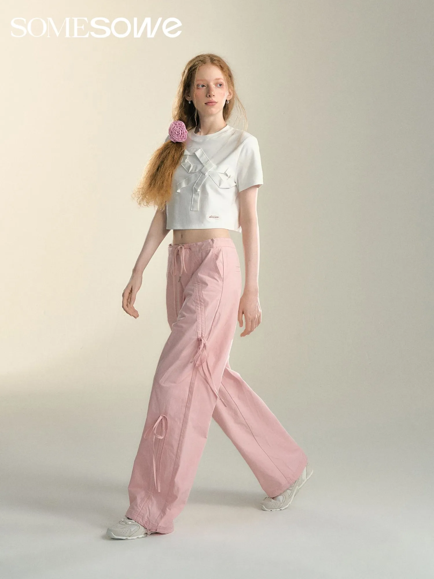 Bow Drawstring Cargo Pants Pink