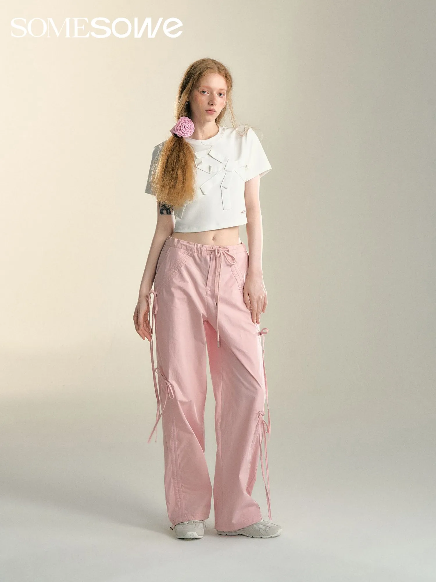Bow Drawstring Cargo Pants Pink