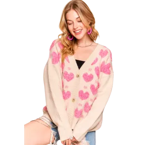 Button Down Heart Sweater Cardigan - Oatmeal/Fuchsia
