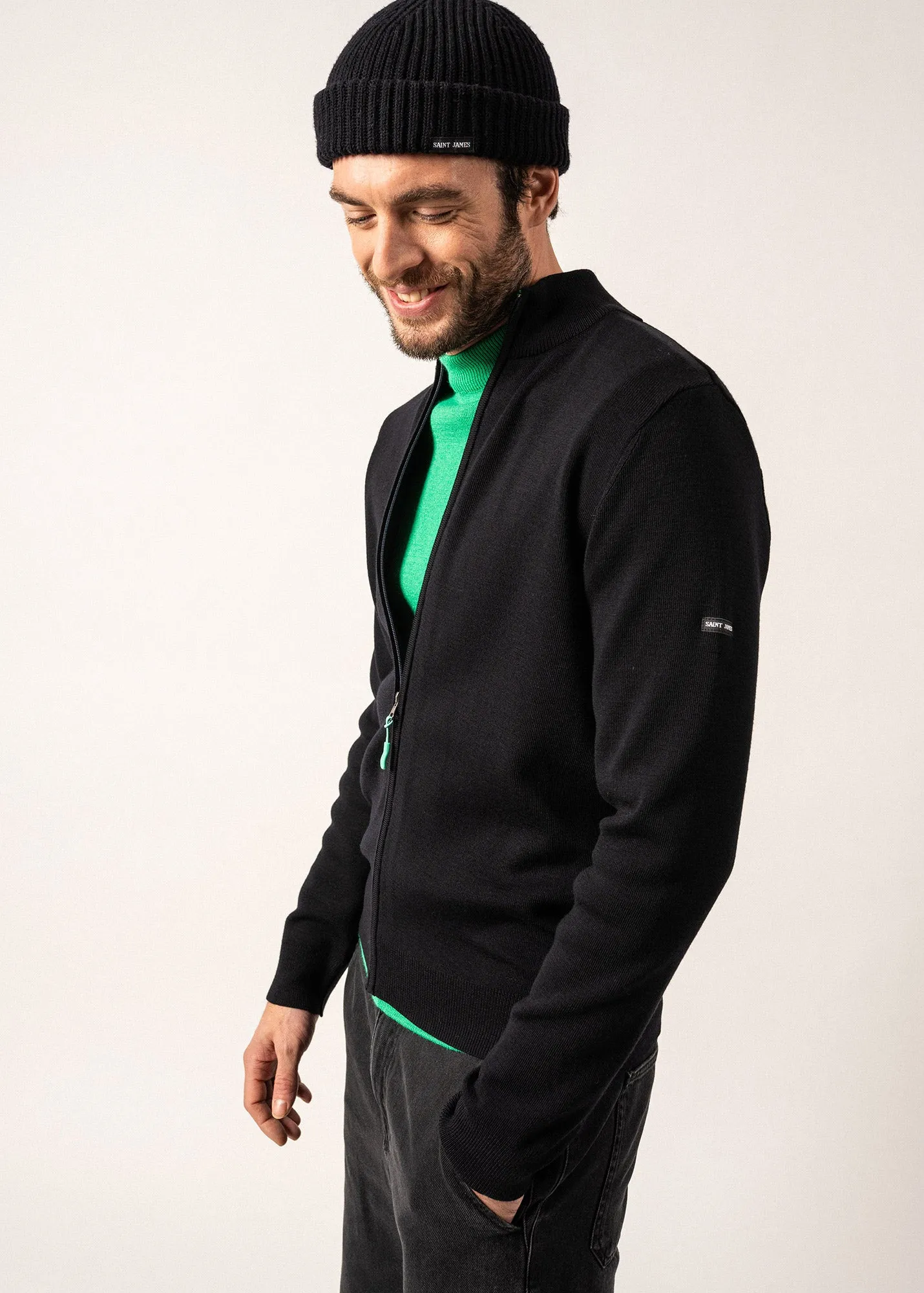 Cardigan Creggan - zippé, en laine mérinos (NAVY/TREFLE)