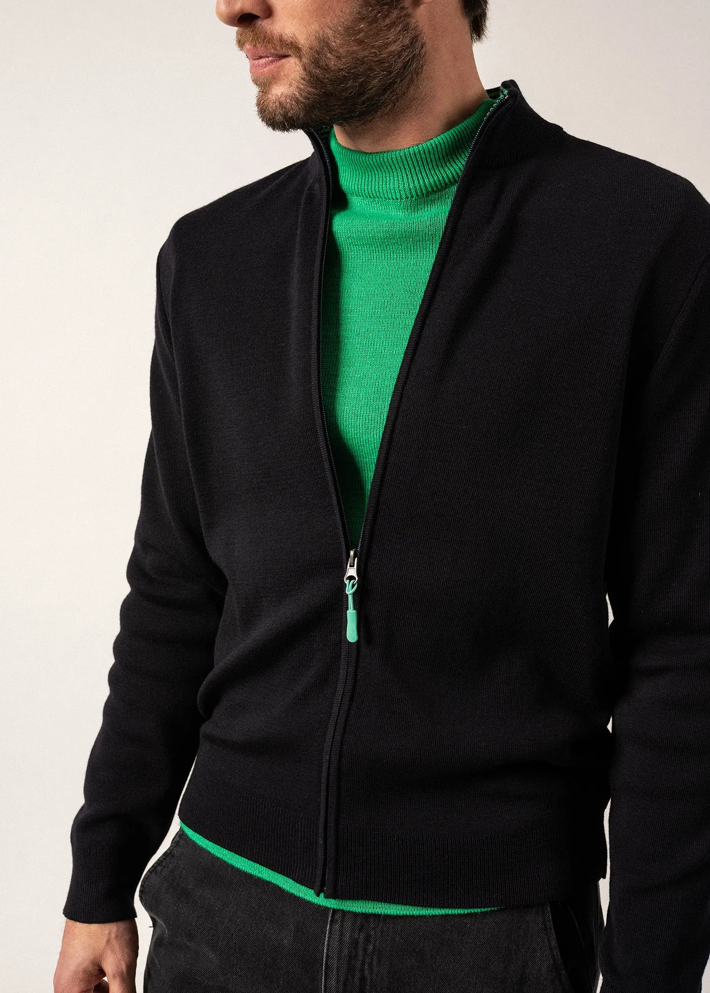 Cardigan Creggan - zippé, en laine mérinos (NAVY/TREFLE)