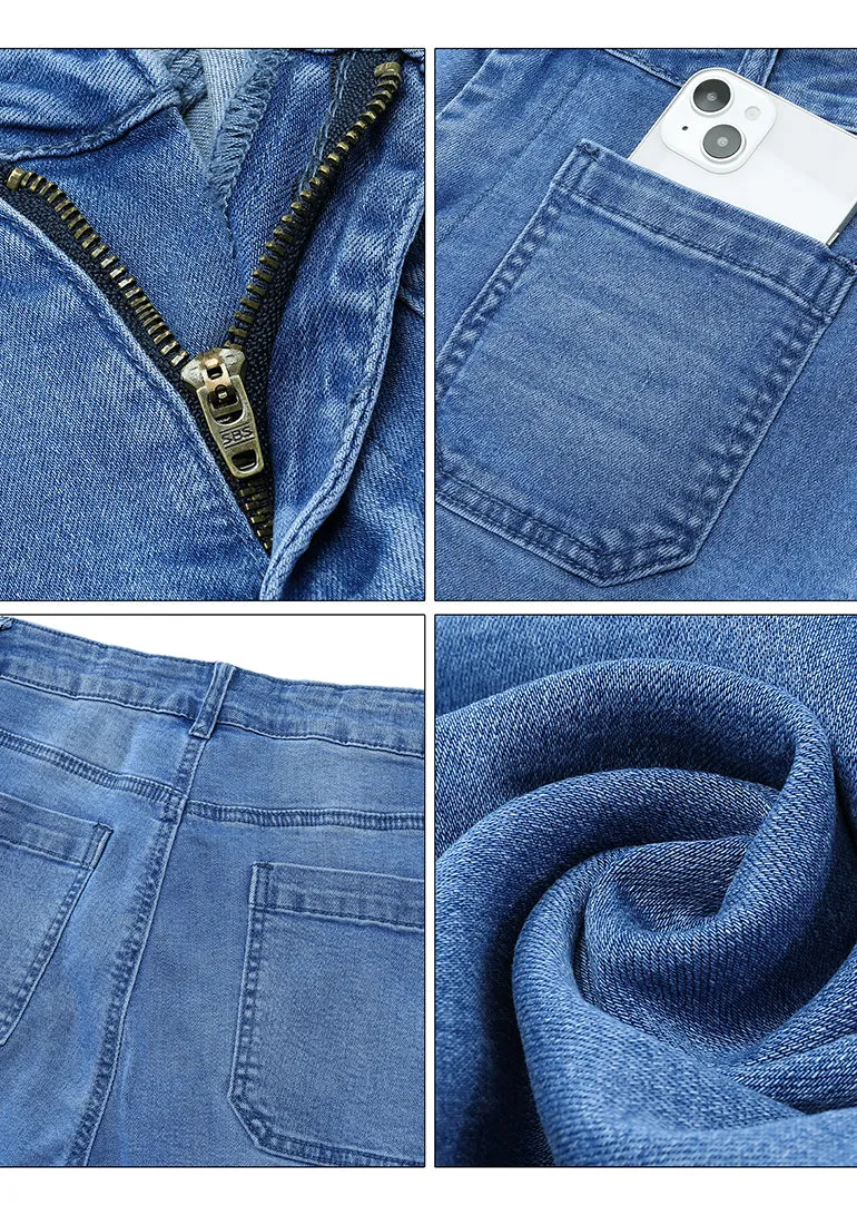 Classic Blue Women's High Waisted Long Denim Wide Leg Pockets Cropped Pants Jeans Trouser