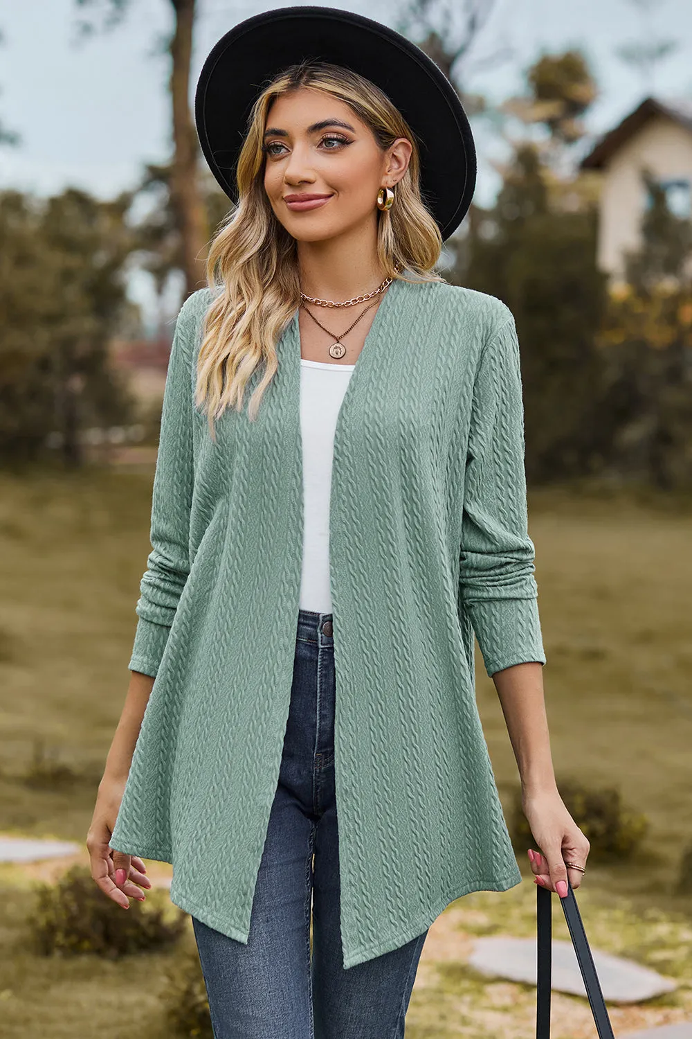 Classic Design Textured Open Front Long Sleeve Cardigan