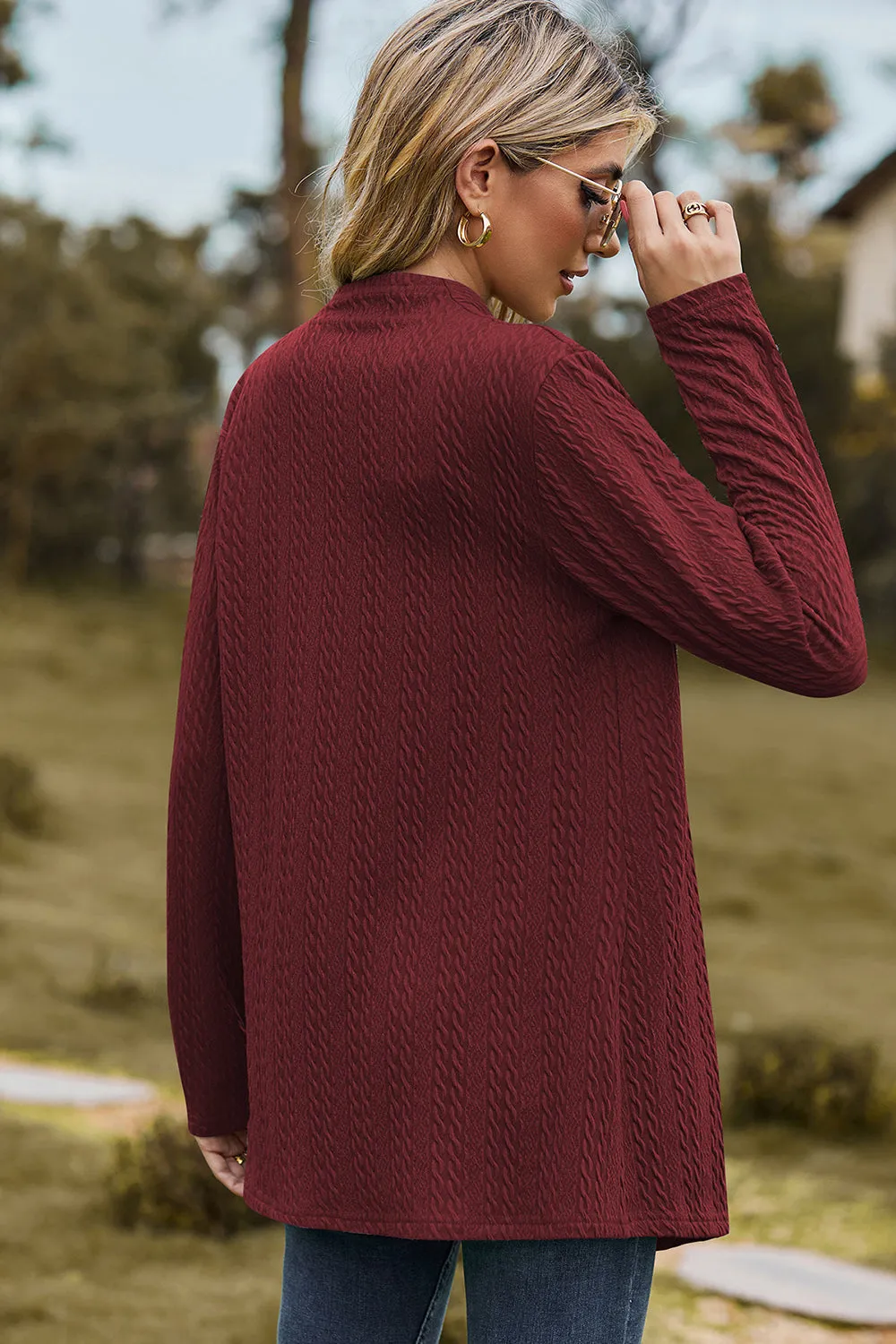 Classic Design Textured Open Front Long Sleeve Cardigan