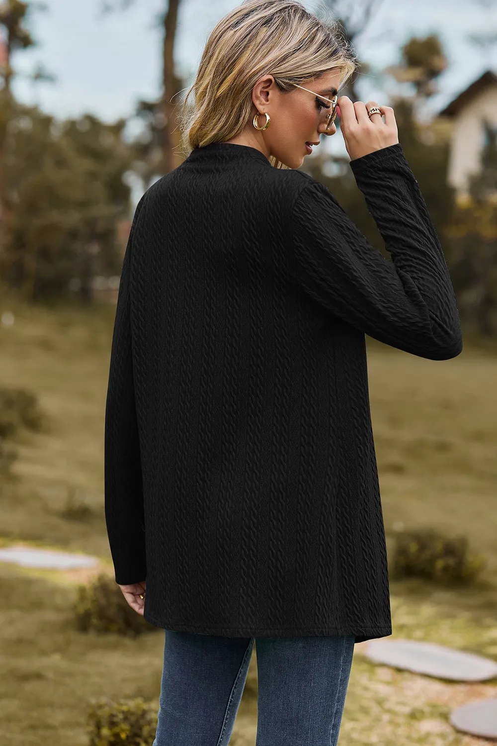 Classic Design Textured Open Front Long Sleeve Cardigan