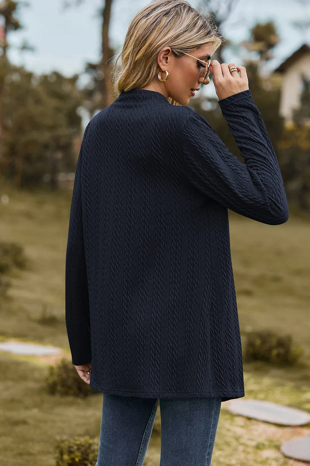 Classic Design Textured Open Front Long Sleeve Cardigan