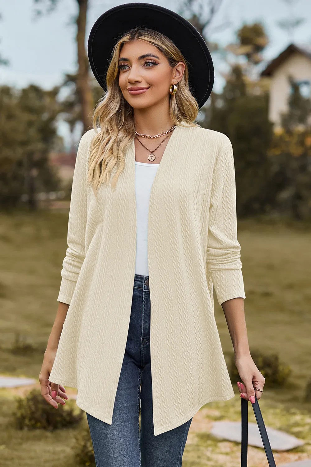 Classic Design Textured Open Front Long Sleeve Cardigan