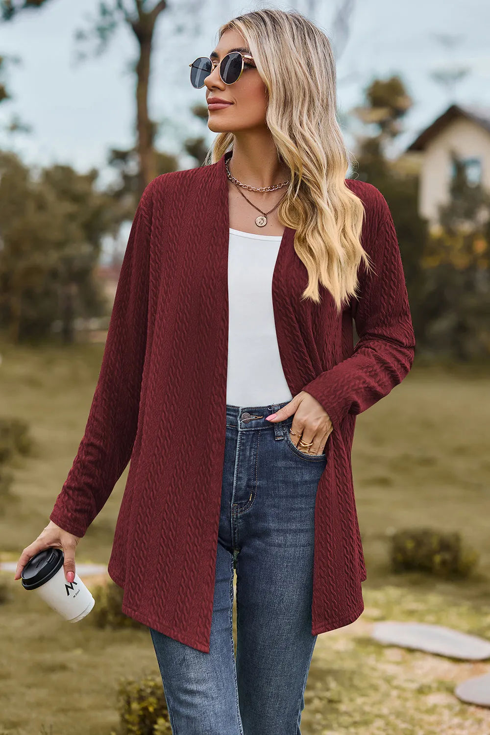 Classic Design Textured Open Front Long Sleeve Cardigan