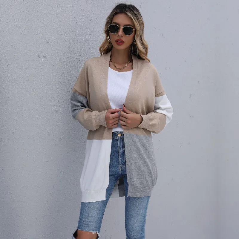 Color Blocking Drop Sleeve Long Jersey Cardigan Women Clothing Vendor
