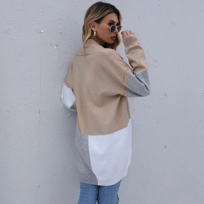 Color Blocking Drop Sleeve Long Jersey Cardigan Women Clothing Vendor