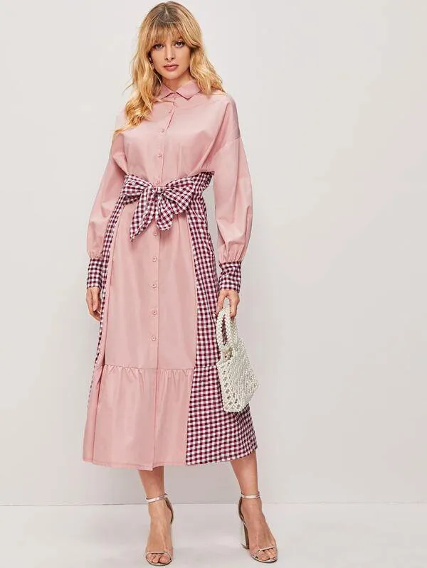 Contrast Gingham Tie Front Shirt Dress